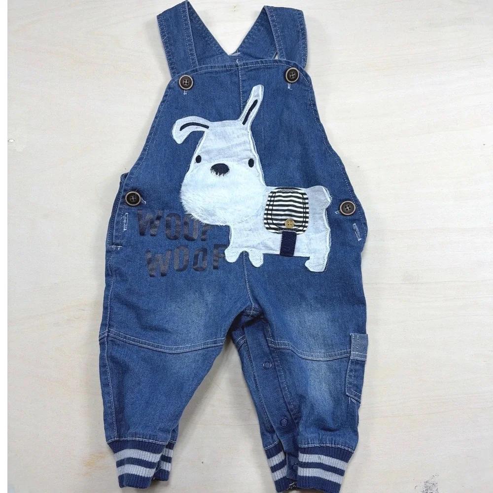 12 months Denim Dog Overalls Blue Woof Woof Embroidered Dungarees